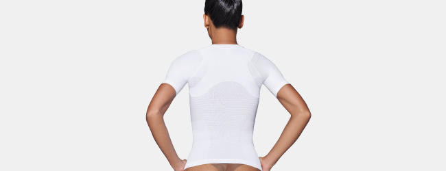 Woman wears posture-correcting shirt